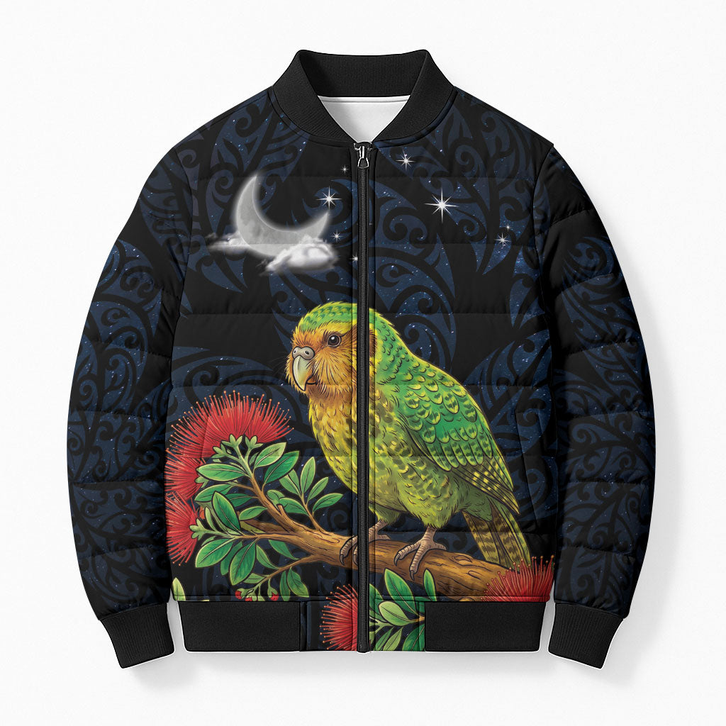 New Zealand Kakapo Matariki Personalised Bomber Puffer Jacket Pohutukawa Flower Galaxy Maori Pattern