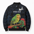 New Zealand Kakapo Matariki Personalised Bomber Puffer Jacket Pohutukawa Flower Galaxy Maori Pattern