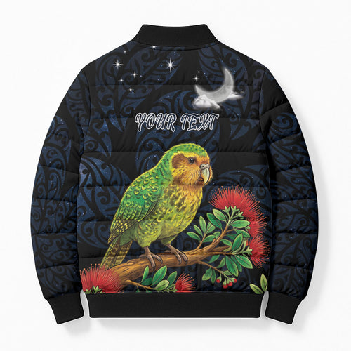 New Zealand Kakapo Matariki Personalised Bomber Puffer Jacket Pohutukawa Flower Galaxy Maori Pattern