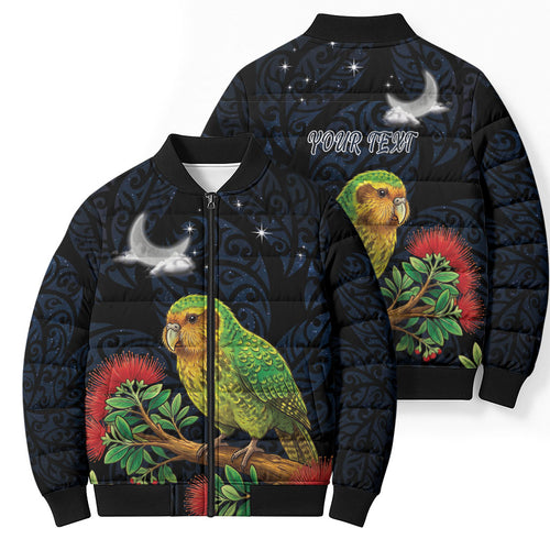 New Zealand Kakapo Matariki Personalised Bomber Puffer Jacket Pohutukawa Flower Galaxy Maori Pattern