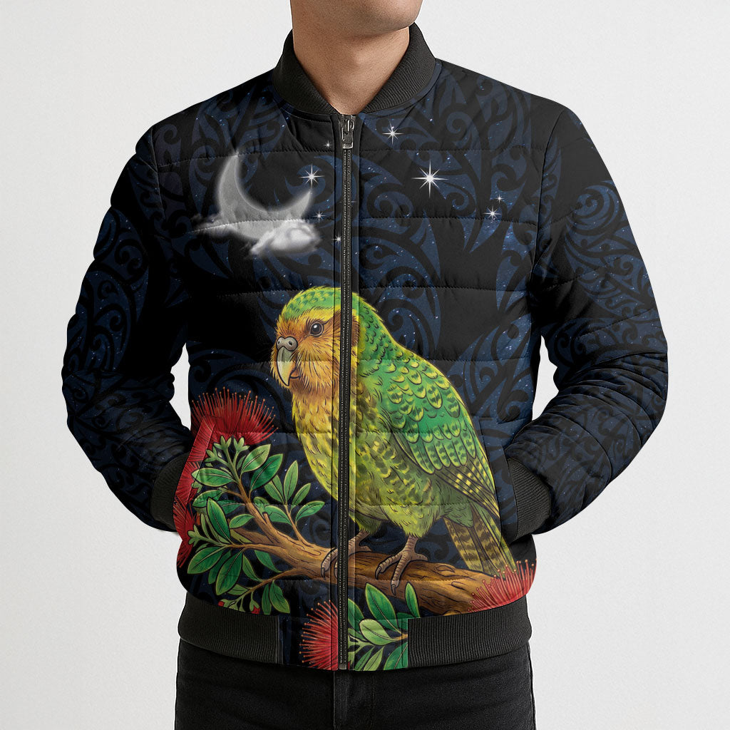 New Zealand Kakapo Matariki Personalised Bomber Puffer Jacket Pohutukawa Flower Galaxy Maori Pattern