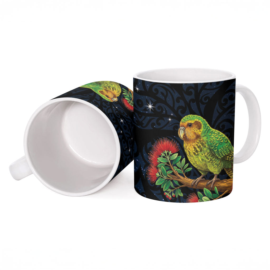 New Zealand Kakapo Matariki Personalised Ceramic Mug Pohutukawa Flower Galaxy Maori Pattern