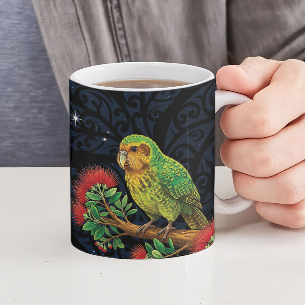 New Zealand Kakapo Matariki Personalised Ceramic Mug Pohutukawa Flower Galaxy Maori Pattern