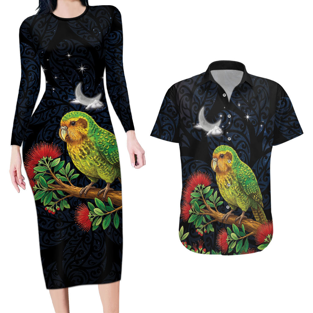 New Zealand Kakapo Matariki Personalised Couples Matching Long Sleeve Bodycon Dress and Hawaiian Shirt Pohutukawa Flower Galaxy Maori Pattern