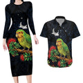 New Zealand Kakapo Matariki Personalised Couples Matching Long Sleeve Bodycon Dress and Hawaiian Shirt Pohutukawa Flower Galaxy Maori Pattern