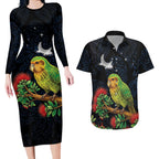 New Zealand Kakapo Matariki Personalised Couples Matching Long Sleeve Bodycon Dress and Hawaiian Shirt Pohutukawa Flower Galaxy Maori Pattern