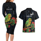 New Zealand Kakapo Matariki Personalised Couples Matching Long Sleeve Bodycon Dress and Hawaiian Shirt Pohutukawa Flower Galaxy Maori Pattern