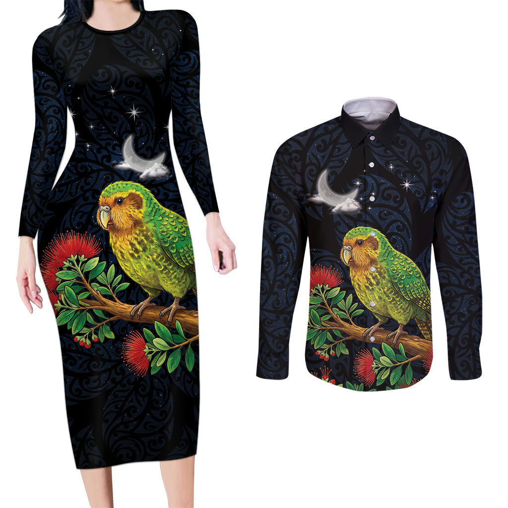 New Zealand Kakapo Matariki Personalised Couples Matching Long Sleeve Bodycon Dress and Long Sleeve Button Shirt Pohutukawa Flower Galaxy Maori Pattern