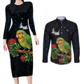 New Zealand Kakapo Matariki Personalised Couples Matching Long Sleeve Bodycon Dress and Long Sleeve Button Shirt Pohutukawa Flower Galaxy Maori Pattern