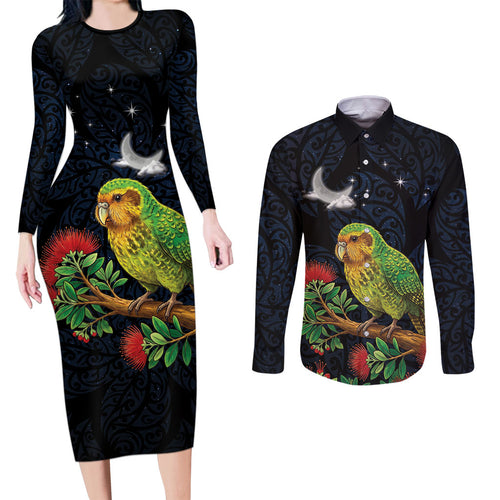 New Zealand Kakapo Matariki Personalised Couples Matching Long Sleeve Bodycon Dress and Long Sleeve Button Shirt Pohutukawa Flower Galaxy Maori Pattern