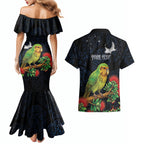 New Zealand Kakapo Matariki Personalised Couples Matching Mermaid Dress and Hawaiian Shirt Pohutukawa Flower Galaxy Maori Pattern
