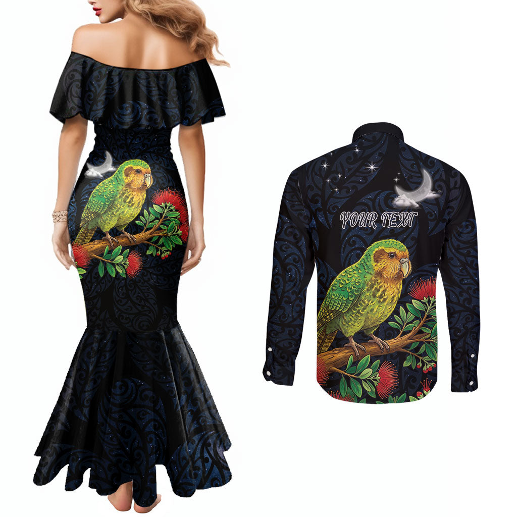 New Zealand Kakapo Matariki Personalised Couples Matching Mermaid Dress and Long Sleeve Button Shirt Pohutukawa Flower Galaxy Maori Pattern