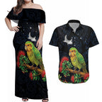 New Zealand Kakapo Matariki Personalised Couples Matching Off Shoulder Maxi Dress and Hawaiian Shirt Pohutukawa Flower Galaxy Maori Pattern