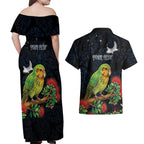 New Zealand Kakapo Matariki Personalised Couples Matching Off Shoulder Maxi Dress and Hawaiian Shirt Pohutukawa Flower Galaxy Maori Pattern