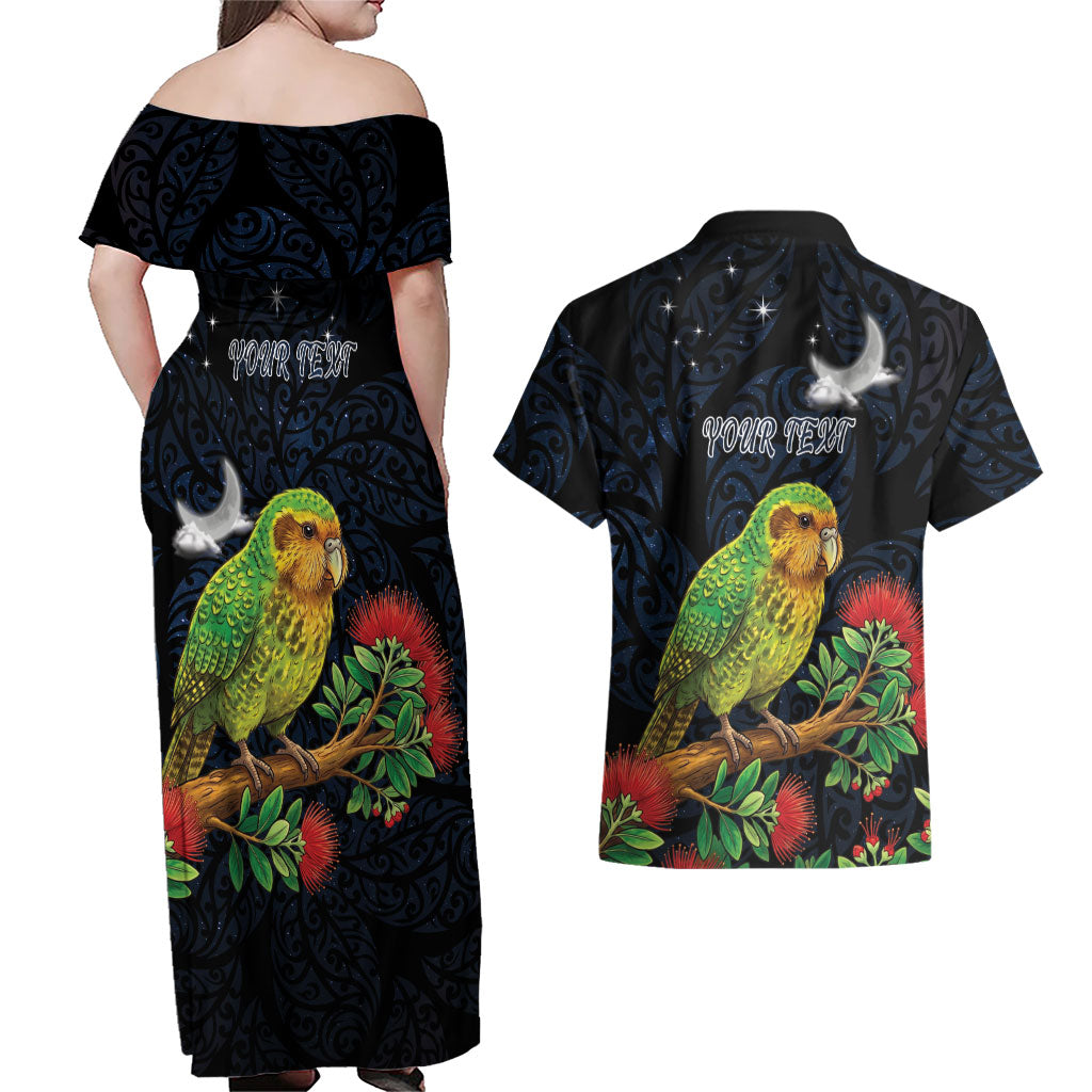New Zealand Kakapo Matariki Personalised Couples Matching Off Shoulder Maxi Dress and Hawaiian Shirt Pohutukawa Flower Galaxy Maori Pattern