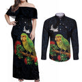 New Zealand Kakapo Matariki Personalised Couples Matching Off Shoulder Maxi Dress and Long Sleeve Button Shirt Pohutukawa Flower Galaxy Maori Pattern