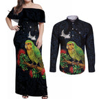 New Zealand Kakapo Matariki Personalised Couples Matching Off Shoulder Maxi Dress and Long Sleeve Button Shirt Pohutukawa Flower Galaxy Maori Pattern
