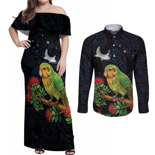New Zealand Kakapo Matariki Personalised Couples Matching Off Shoulder Maxi Dress and Long Sleeve Button Shirt Pohutukawa Flower Galaxy Maori Pattern