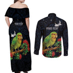 New Zealand Kakapo Matariki Personalised Couples Matching Off Shoulder Maxi Dress and Long Sleeve Button Shirt Pohutukawa Flower Galaxy Maori Pattern