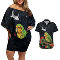 New Zealand Kakapo Matariki Personalised Couples Matching Off Shoulder Short Dress and Hawaiian Shirt Pohutukawa Flower Galaxy Maori Pattern