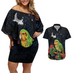 New Zealand Kakapo Matariki Personalised Couples Matching Off Shoulder Short Dress and Hawaiian Shirt Pohutukawa Flower Galaxy Maori Pattern
