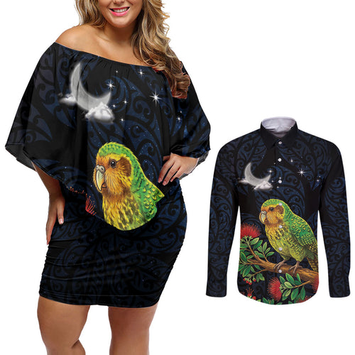 New Zealand Kakapo Matariki Personalised Couples Matching Off Shoulder Short Dress and Long Sleeve Button Shirt Pohutukawa Flower Galaxy Maori Pattern