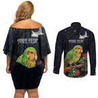 New Zealand Kakapo Matariki Personalised Couples Matching Off Shoulder Short Dress and Long Sleeve Button Shirt Pohutukawa Flower Galaxy Maori Pattern