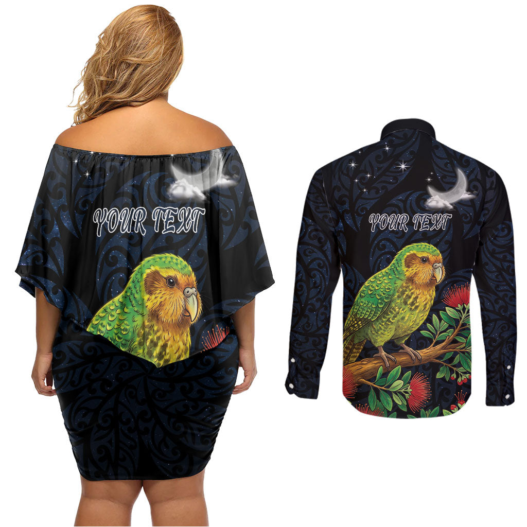 New Zealand Kakapo Matariki Personalised Couples Matching Off Shoulder Short Dress and Long Sleeve Button Shirt Pohutukawa Flower Galaxy Maori Pattern