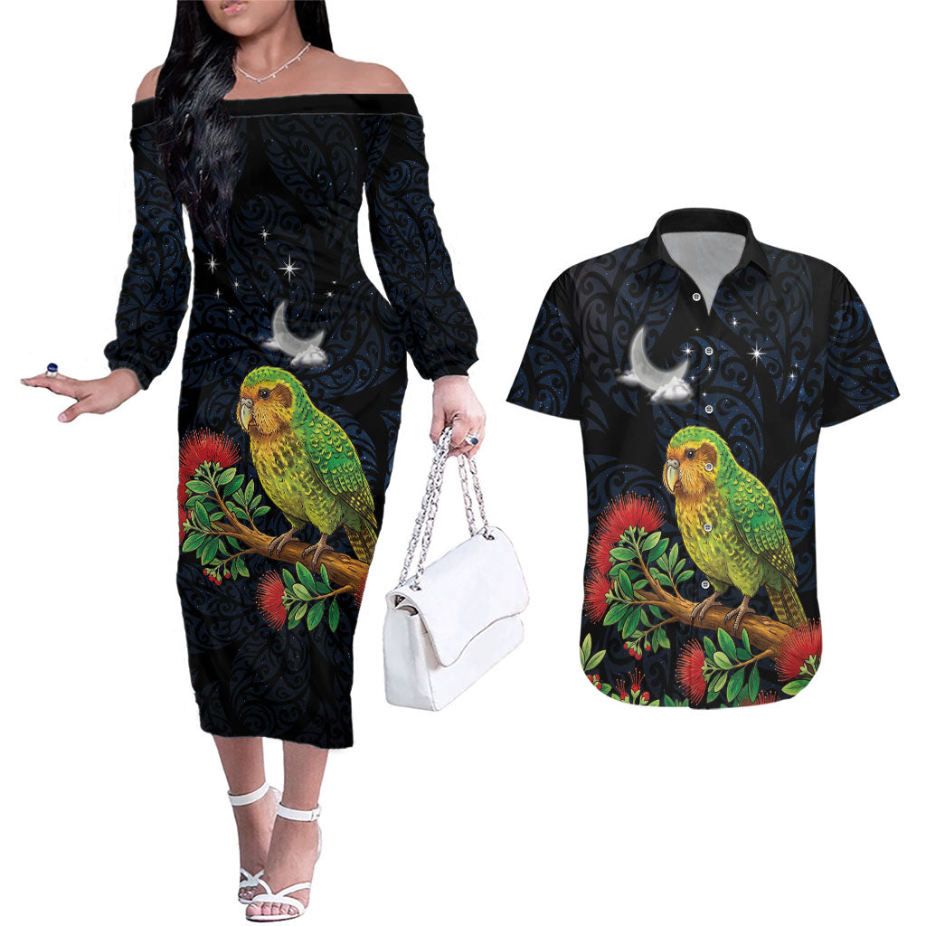 New Zealand Kakapo Matariki Personalised Couples Matching Off The Shoulder Long Sleeve Dress and Hawaiian Shirt Pohutukawa Flower Galaxy Maori Pattern