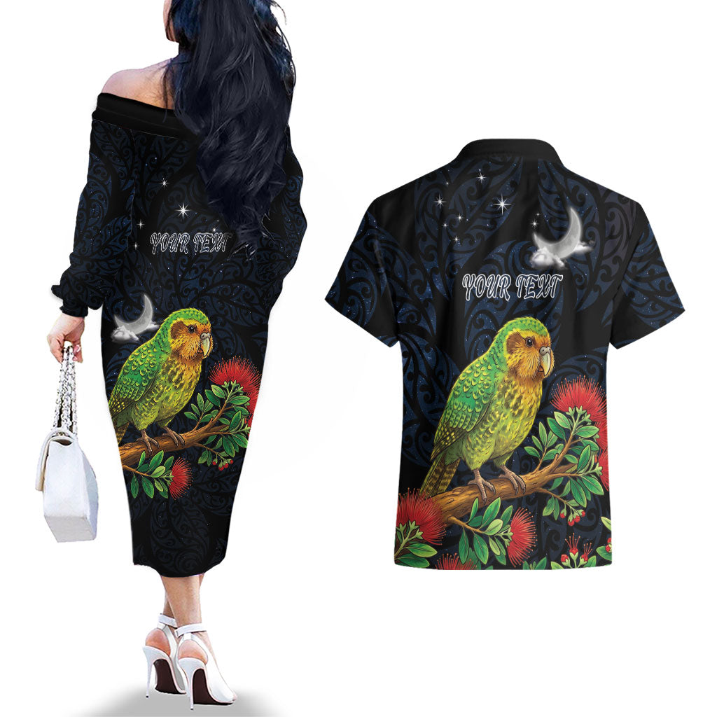 New Zealand Kakapo Matariki Personalised Couples Matching Off The Shoulder Long Sleeve Dress and Hawaiian Shirt Pohutukawa Flower Galaxy Maori Pattern