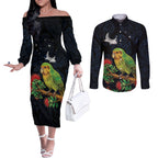 New Zealand Kakapo Matariki Personalised Couples Matching Off The Shoulder Long Sleeve Dress and Long Sleeve Button Shirt Pohutukawa Flower Galaxy Maori Pattern