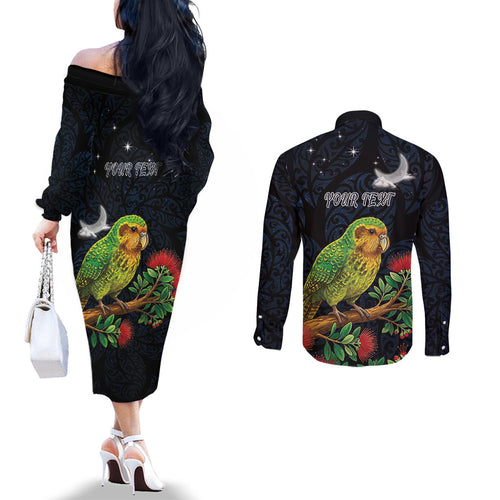 New Zealand Kakapo Matariki Personalised Couples Matching Off The Shoulder Long Sleeve Dress and Long Sleeve Button Shirt Pohutukawa Flower Galaxy Maori Pattern
