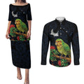 New Zealand Kakapo Matariki Personalised Couples Matching Puletasi and Long Sleeve Button Shirt Pohutukawa Flower Galaxy Maori Pattern