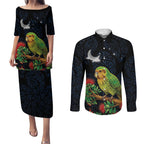 New Zealand Kakapo Matariki Personalised Couples Matching Puletasi and Long Sleeve Button Shirt Pohutukawa Flower Galaxy Maori Pattern