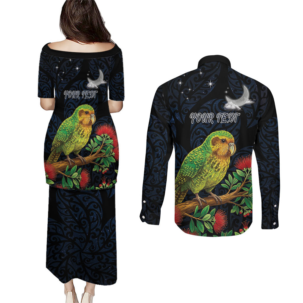 New Zealand Kakapo Matariki Personalised Couples Matching Puletasi and Long Sleeve Button Shirt Pohutukawa Flower Galaxy Maori Pattern