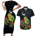 New Zealand Kakapo Matariki Personalised Couples Matching Short Sleeve Bodycon Dress and Hawaiian Shirt Pohutukawa Flower Galaxy Maori Pattern