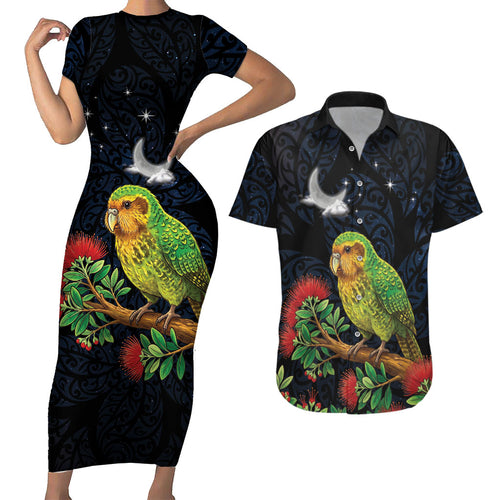 New Zealand Kakapo Matariki Personalised Couples Matching Short Sleeve Bodycon Dress and Hawaiian Shirt Pohutukawa Flower Galaxy Maori Pattern
