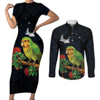 New Zealand Kakapo Matariki Personalised Couples Matching Short Sleeve Bodycon Dress and Long Sleeve Button Shirt Pohutukawa Flower Galaxy Maori Pattern