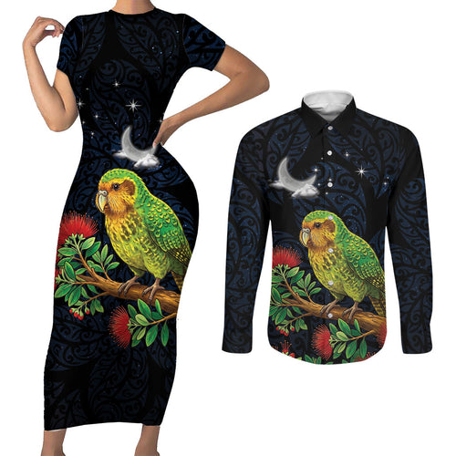 New Zealand Kakapo Matariki Personalised Couples Matching Short Sleeve Bodycon Dress and Long Sleeve Button Shirt Pohutukawa Flower Galaxy Maori Pattern