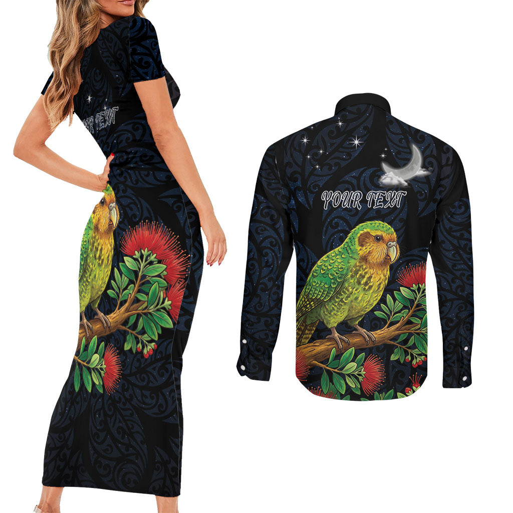 New Zealand Kakapo Matariki Personalised Couples Matching Short Sleeve Bodycon Dress and Long Sleeve Button Shirt Pohutukawa Flower Galaxy Maori Pattern