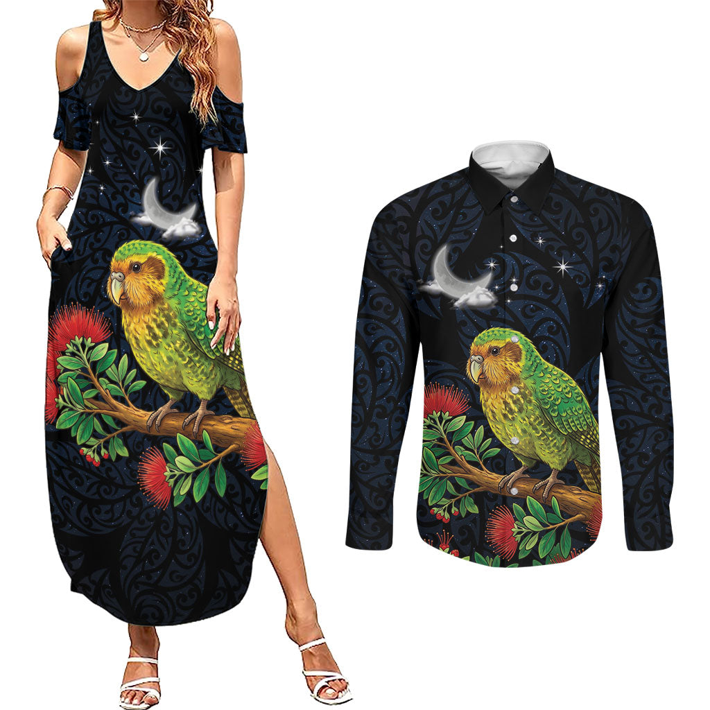 New Zealand Kakapo Matariki Personalised Couples Matching Summer Maxi Dress and Long Sleeve Button Shirt Pohutukawa Flower Galaxy Maori Pattern