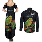 New Zealand Kakapo Matariki Personalised Couples Matching Summer Maxi Dress and Long Sleeve Button Shirt Pohutukawa Flower Galaxy Maori Pattern