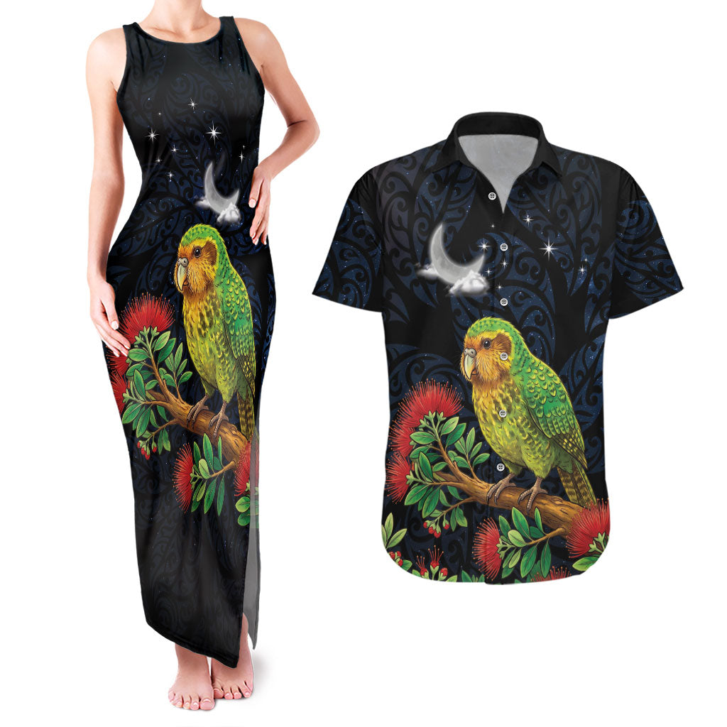 New Zealand Kakapo Matariki Personalised Couples Matching Tank Maxi Dress and Hawaiian Shirt Pohutukawa Flower Galaxy Maori Pattern