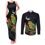 New Zealand Kakapo Matariki Personalised Couples Matching Tank Maxi Dress and Long Sleeve Button Shirt Pohutukawa Flower Galaxy Maori Pattern