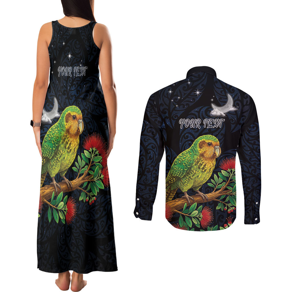 New Zealand Kakapo Matariki Personalised Couples Matching Tank Maxi Dress and Long Sleeve Button Shirt Pohutukawa Flower Galaxy Maori Pattern