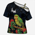 New Zealand Kakapo Matariki Personalised Cross Shoulder Shirt Pohutukawa Flower Galaxy Maori Pattern