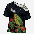 New Zealand Kakapo Matariki Personalised Cross Shoulder Shirt Pohutukawa Flower Galaxy Maori Pattern