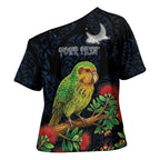 New Zealand Kakapo Matariki Personalised Cross Shoulder Shirt Pohutukawa Flower Galaxy Maori Pattern