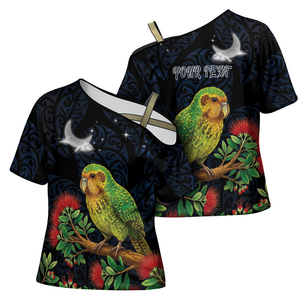 New Zealand Kakapo Matariki Personalised Cross Shoulder Shirt Pohutukawa Flower Galaxy Maori Pattern