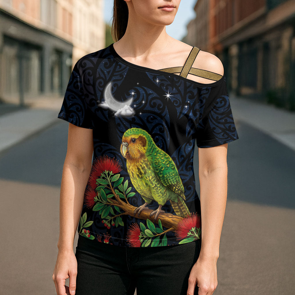 New Zealand Kakapo Matariki Personalised Cross Shoulder Shirt Pohutukawa Flower Galaxy Maori Pattern